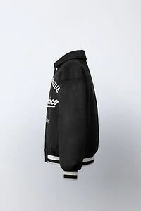 EMBROIDERED TEXT FAUX SUEDE BOMBER JACKET