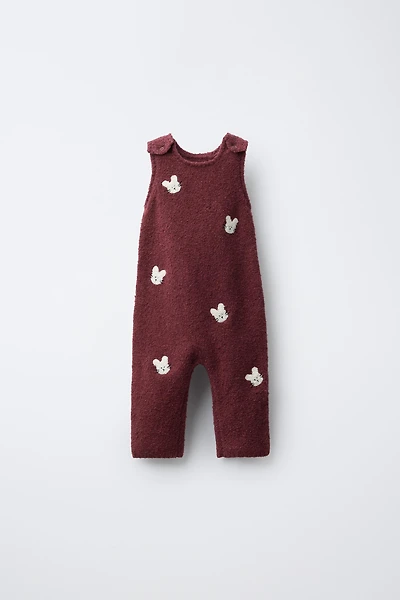 EMBROIDERED BUNNY KNIT OVERALLS