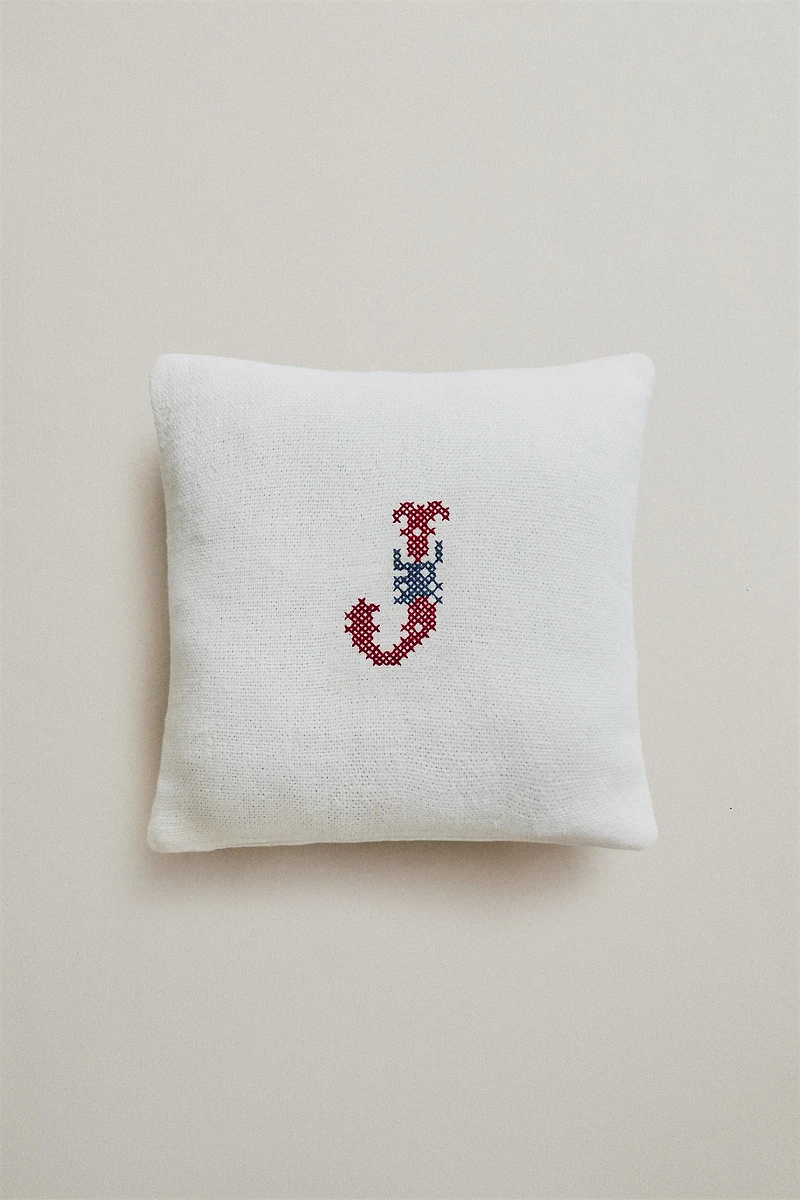 LINEN LETTER J EMBROIDERED CUSHION