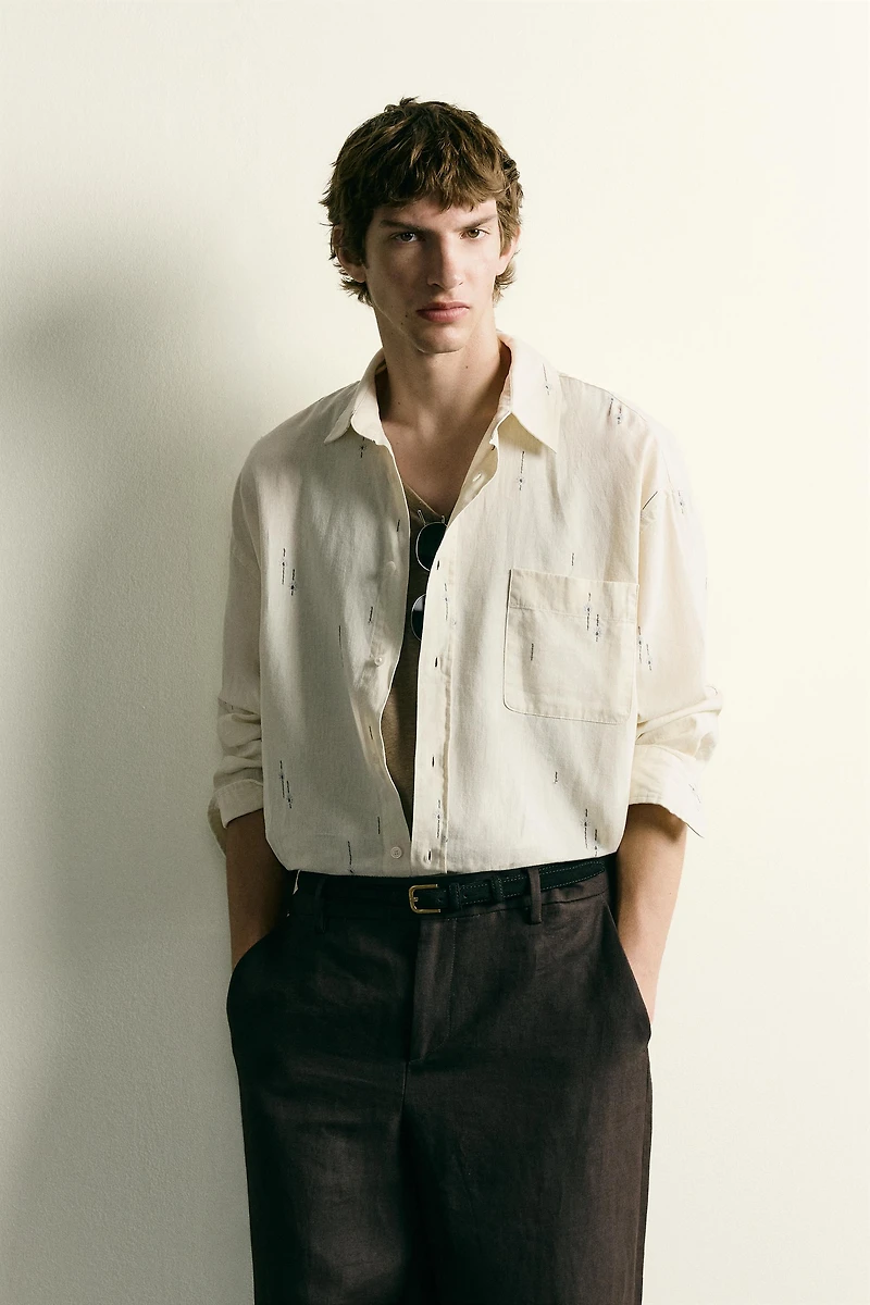 EMBROIDERED COTTON-LINEN RELAXED FIT SHIRT
