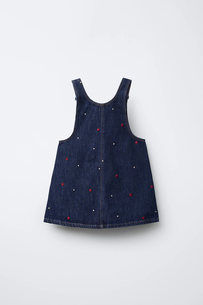 EMBROIDERED HEART DENIM PINAFORE DRESS