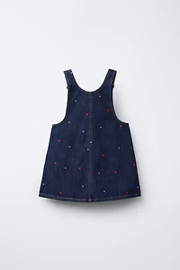 EMBROIDERED HEART DENIM PINAFORE DRESS