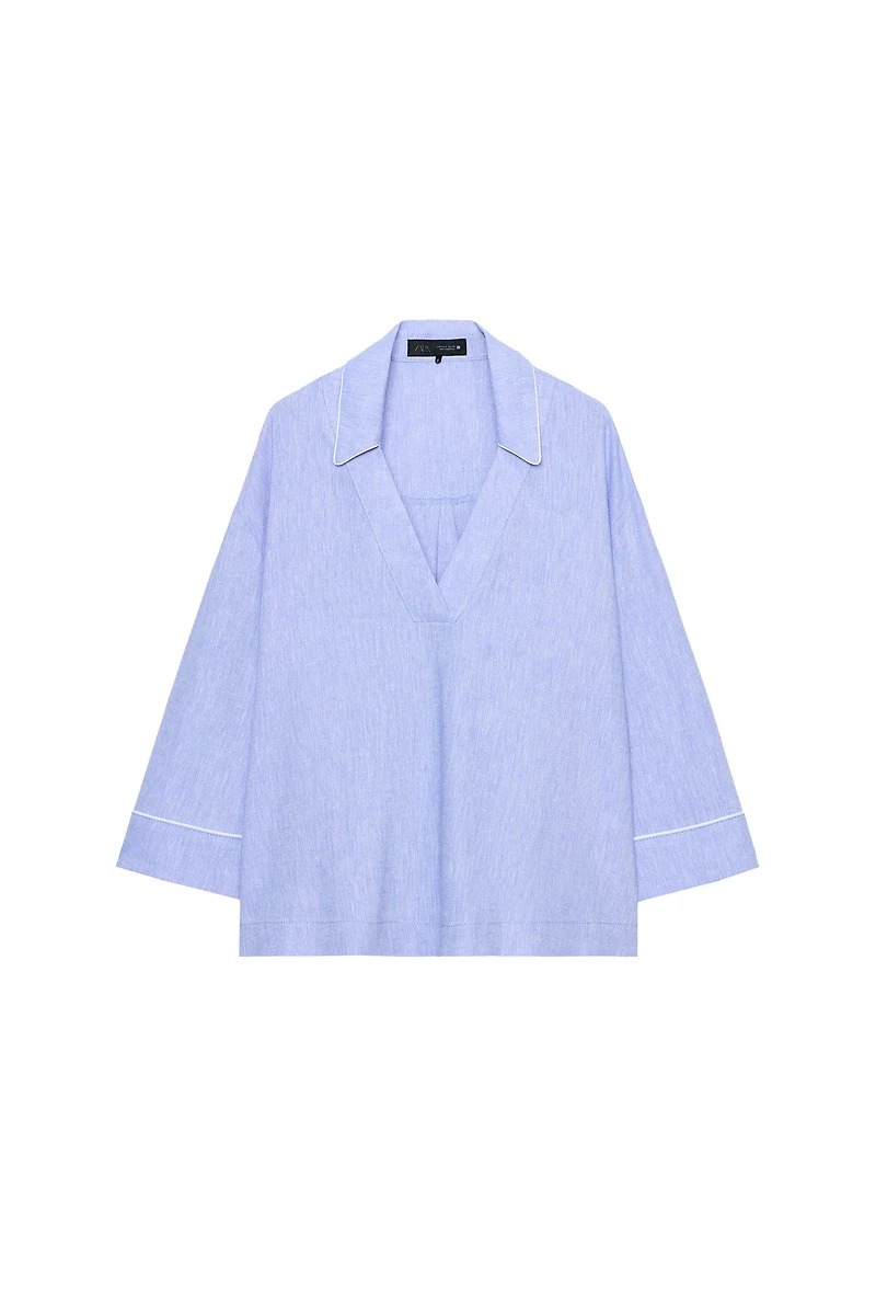 LINEN BLOUSE WITH CONTRAST PIPING