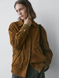Suede leather bomber jacket with pockets