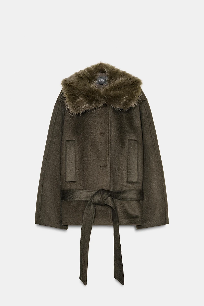 WOOL BLEND COAT WITH FAUX FUR COLLAR