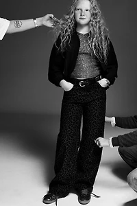 FLOCKED ANIMAL PRINT WIDE LEG JEANS