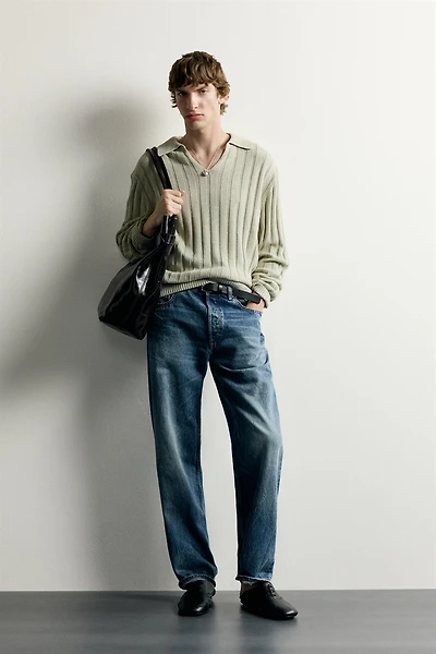 LINEN-COTTON RIBBED KNIT POLO