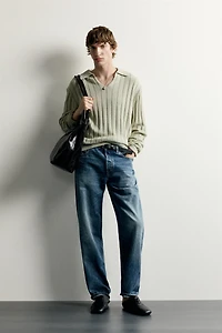 LINEN-COTTON RIBBED KNIT POLO
