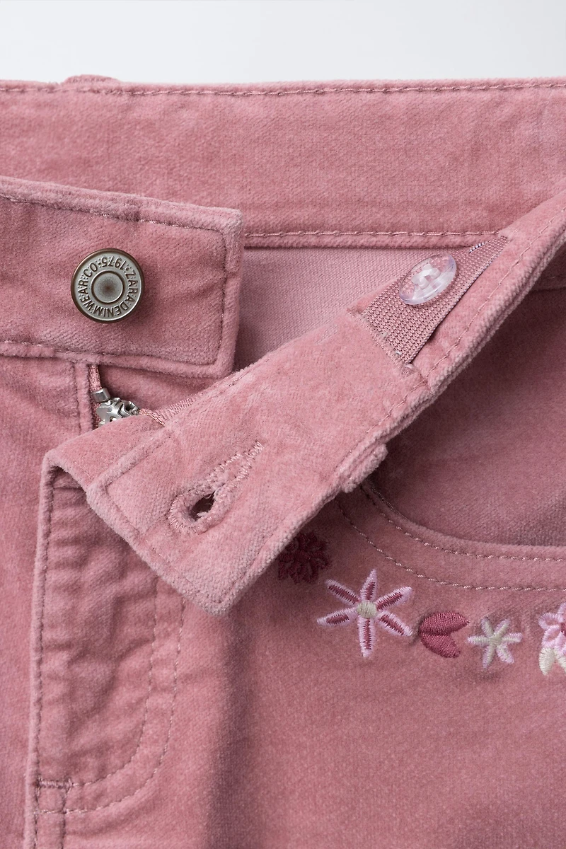 VELVET EMBROIDERED FLORAL PANTS