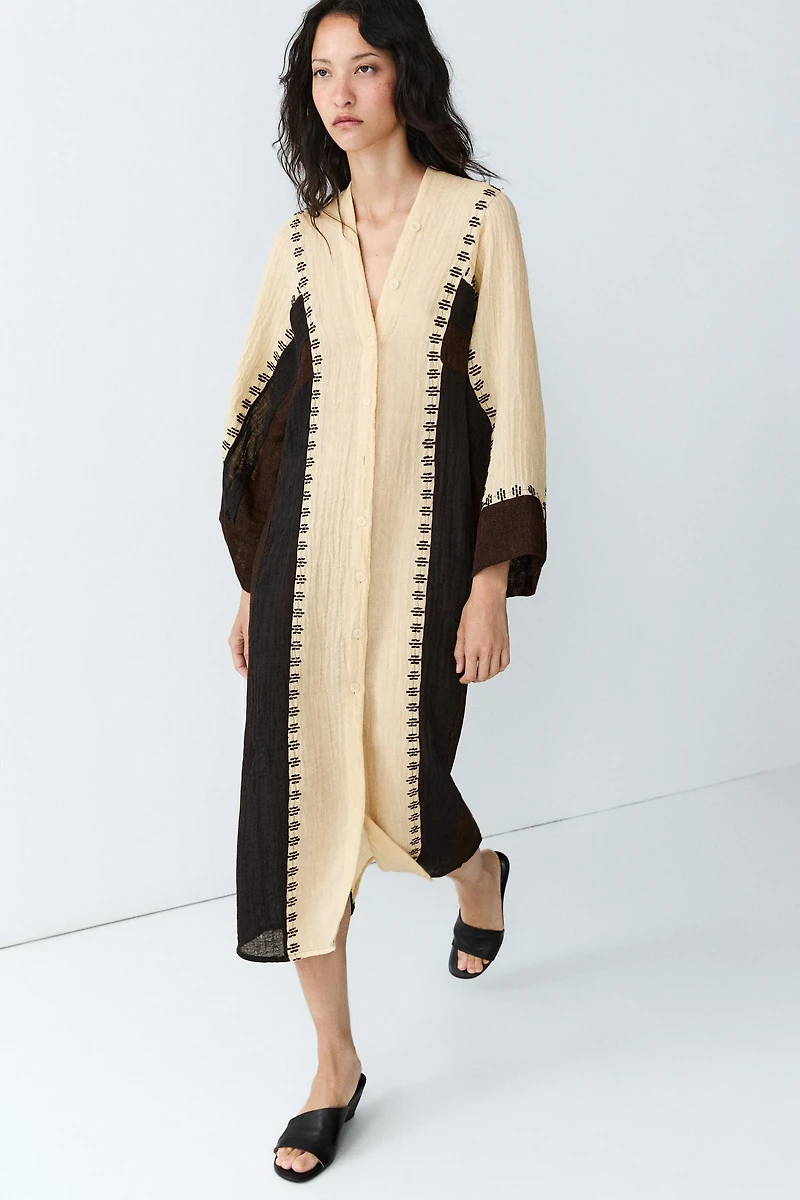 Linen blend embroidered kaftan dress