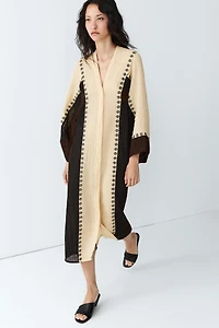 Linen blend embroidered kaftan dress