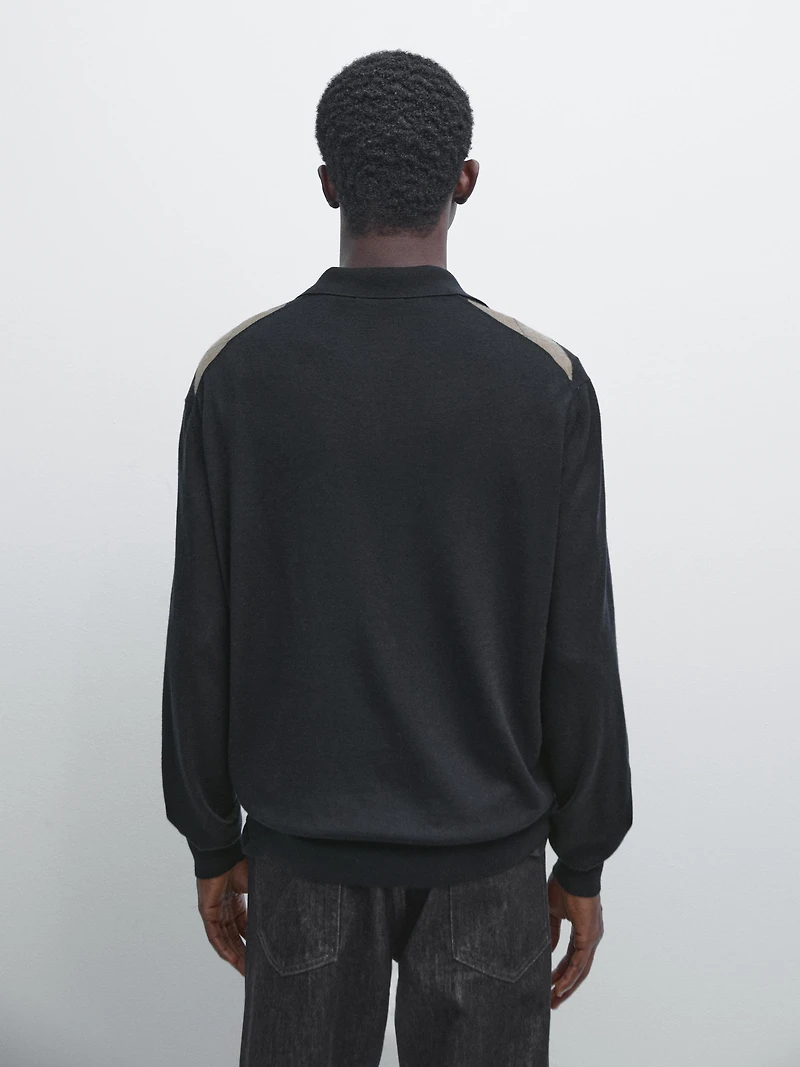 Wool blend argyle knit polo sweater