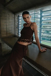 FRINGED WRAP MIDI SKIRT