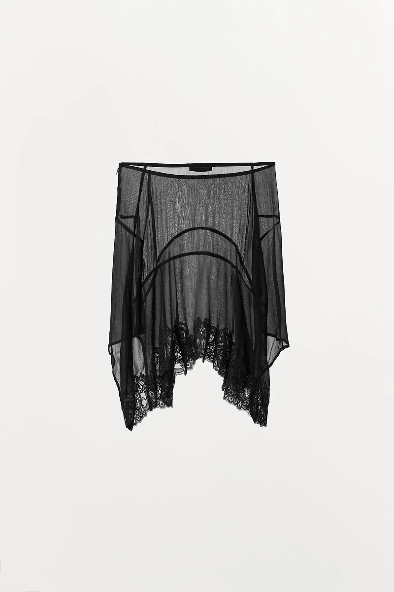 JUPE EN GEORGETTE ASYMÉTRIQUE DENTELLE