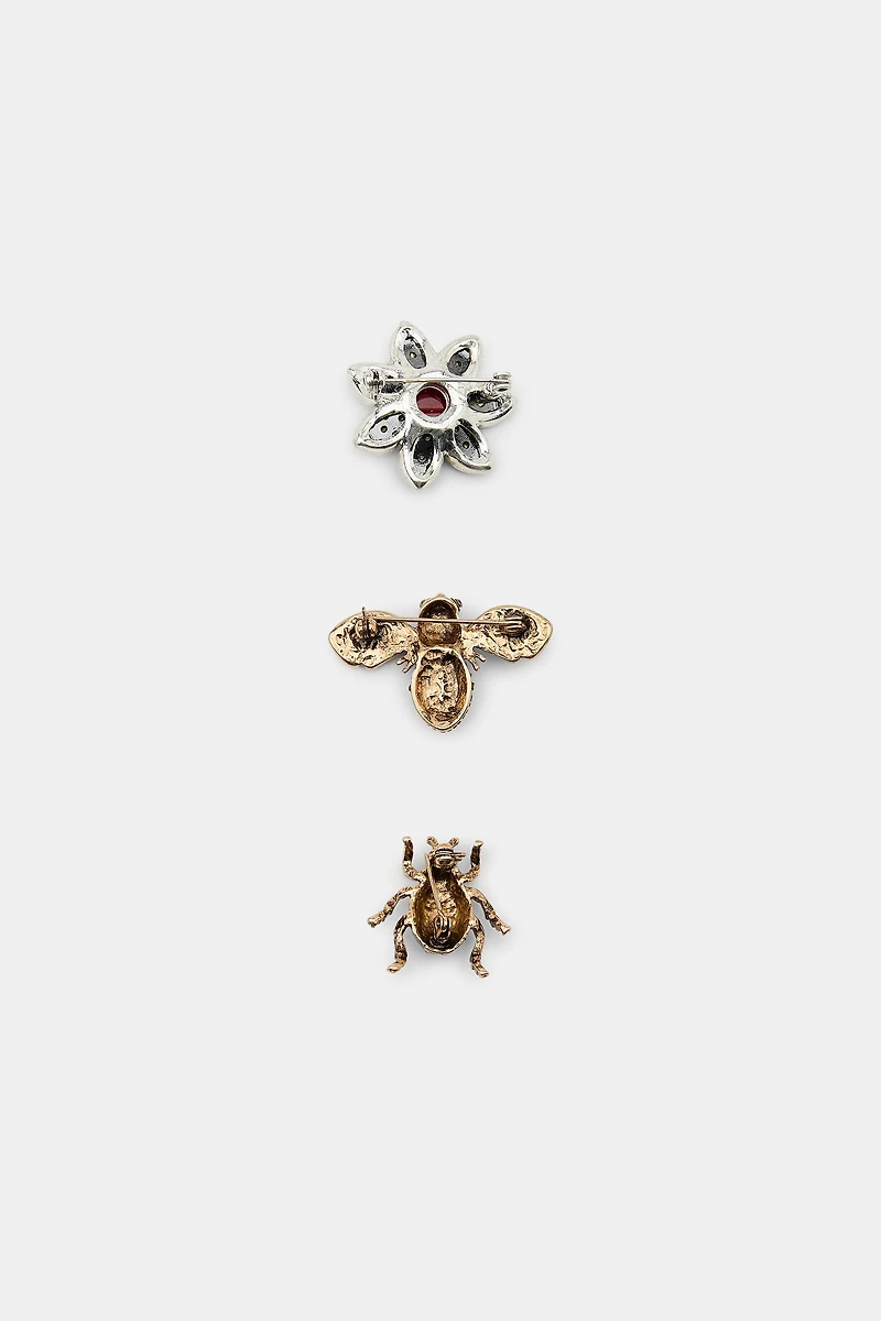 PACK OF 3 SPARKLY FLOWER AND INSECT BROOCHES