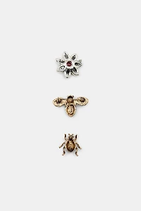 PACK OF 3 SPARKLY FLOWER AND INSECT BROOCHES