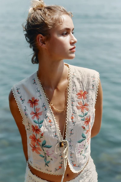GILET SANS MANCHES EN COTON AVEC BRODERIES FLEURS