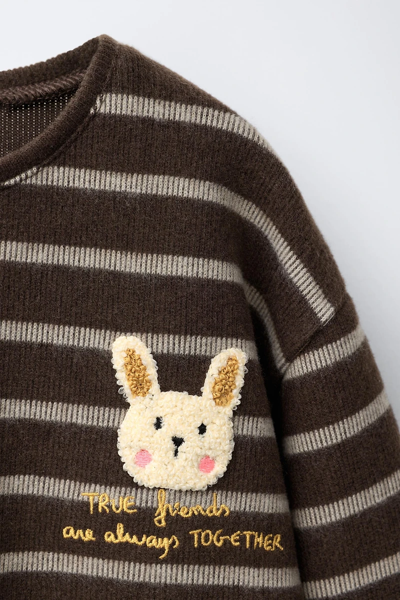 SOFT TOUCH STRIPED T-SHIRT WITH TERRY BUNNY PATCH