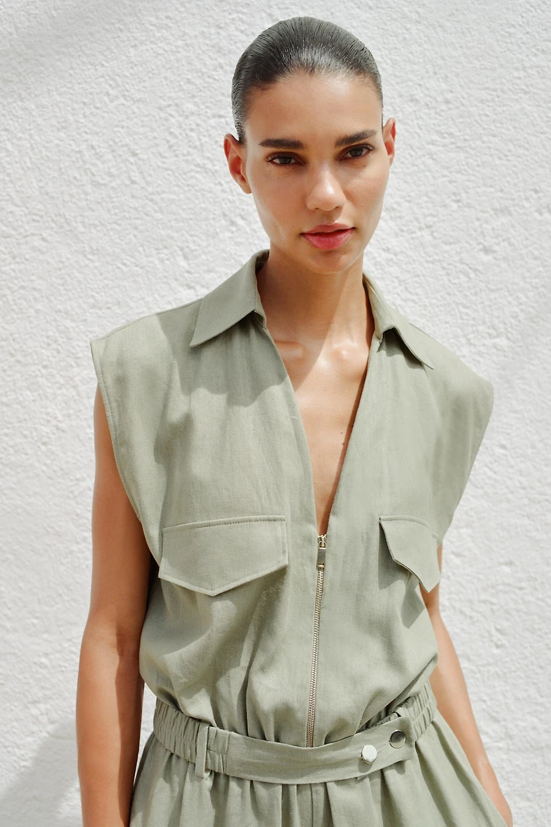 LINEN BELTED LONG JUMPSUIT
