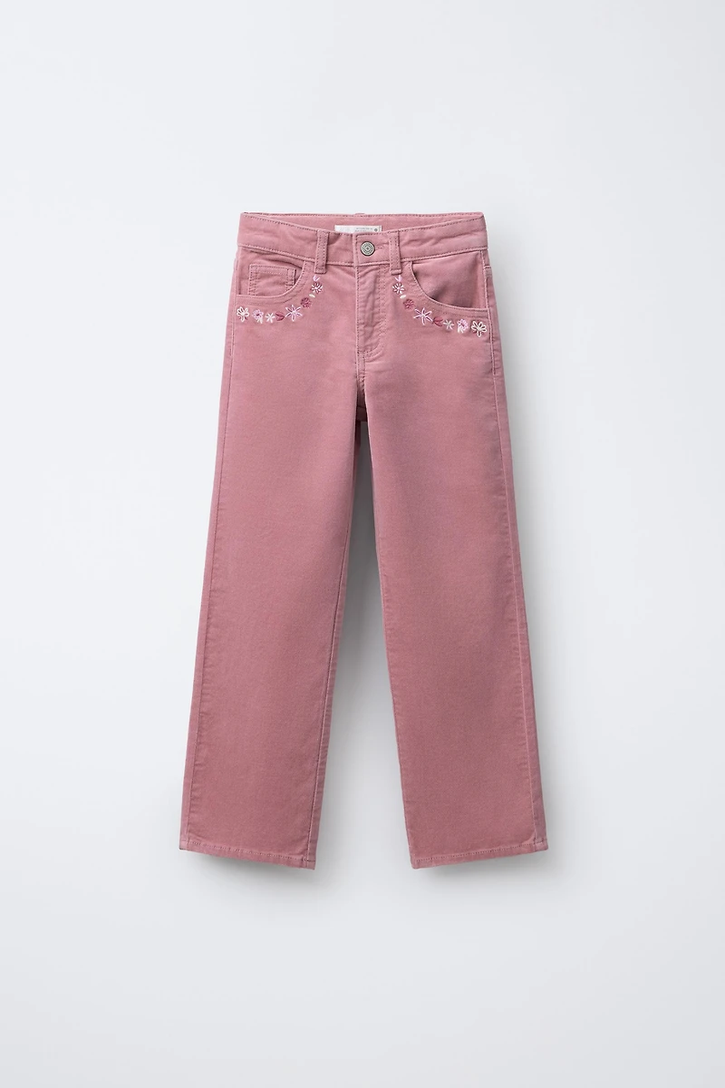 PANTALON EN VELOURS À FLEURS BRODÉES