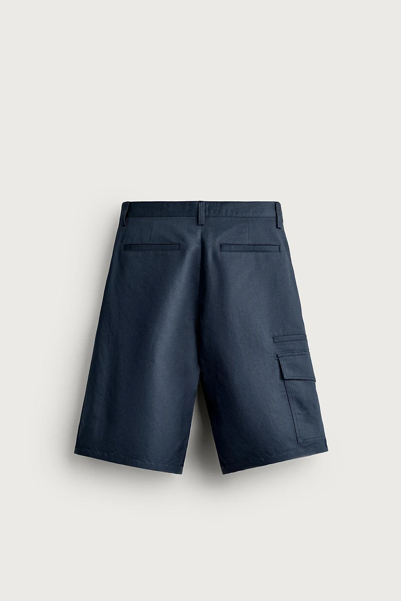 COTTON-LINEN RELAXED FIT CARGO SHORTS