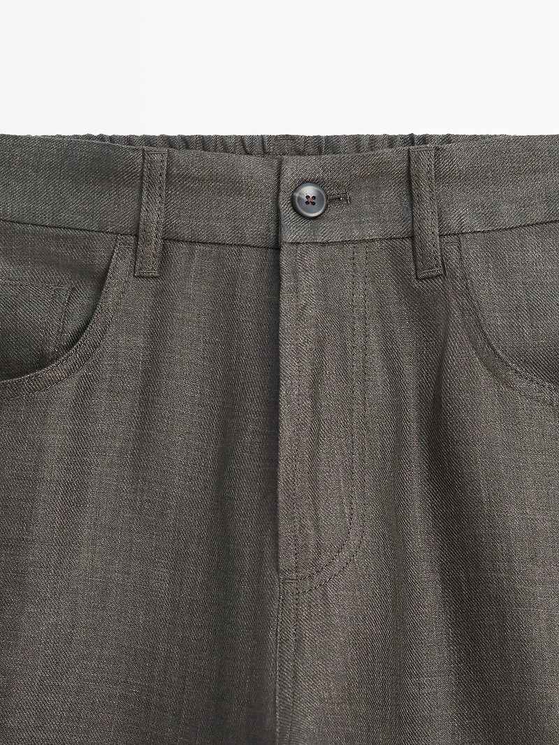 Linen semi-jogger fit denim-effect trousers