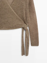 Alpaca blend crossover knit cardigan with tie