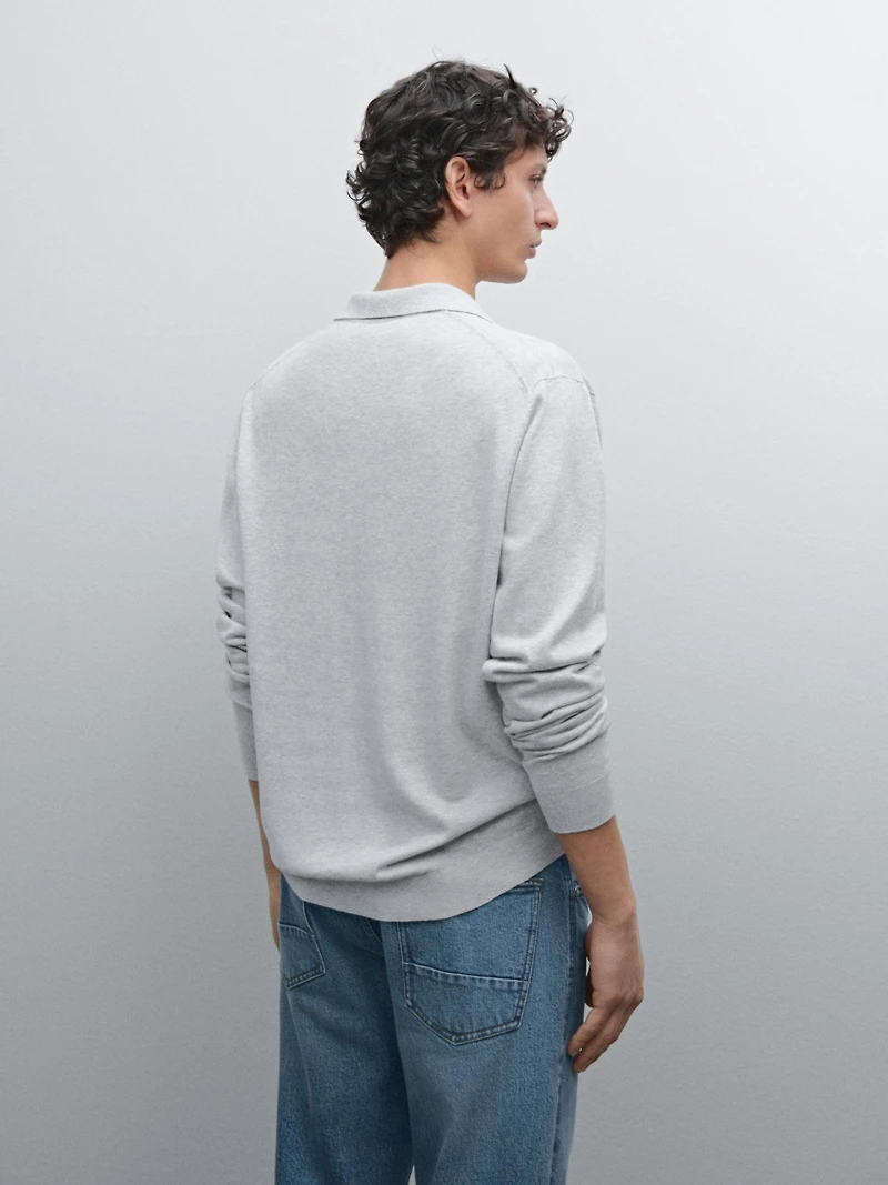Cotton blend knit polo sweater