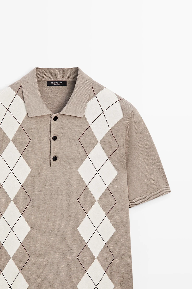 Cotton blend diamond pattern short sleeve polo shirt