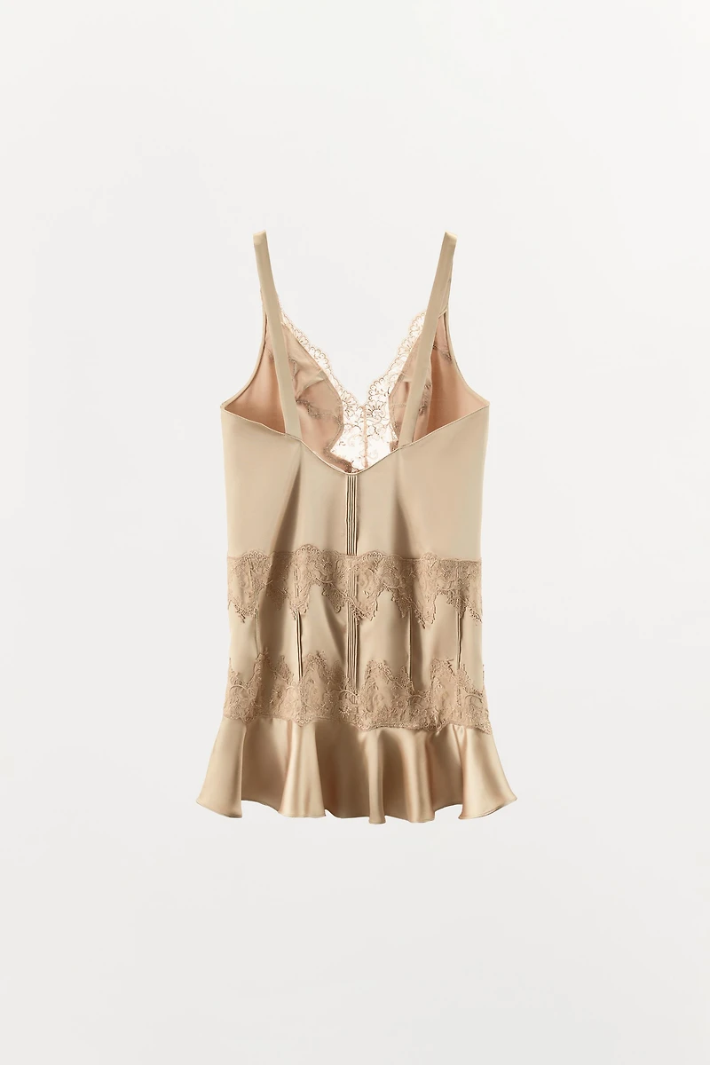 SATIN EFFECT LACE RUFFLED MINI DRESS