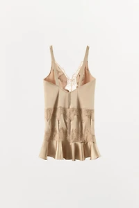 SATIN EFFECT LACE RUFFLED MINI DRESS