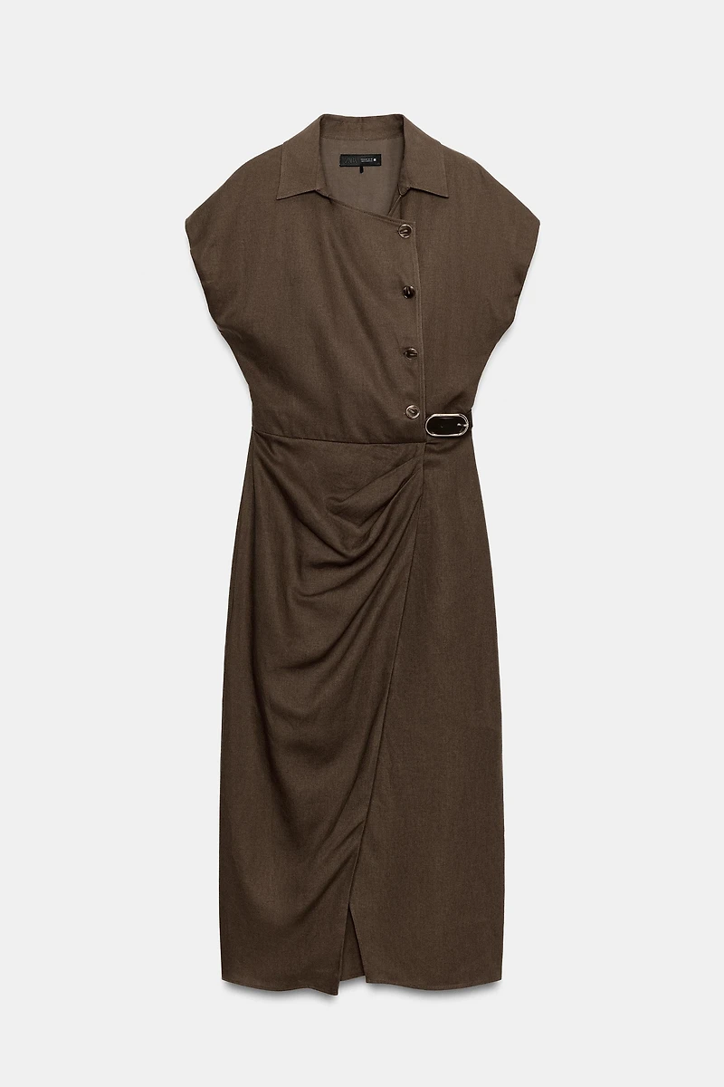 LINEN BLEND MIDI DRESS WITH BELT