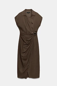 LINEN BLEND MIDI DRESS WITH BELT