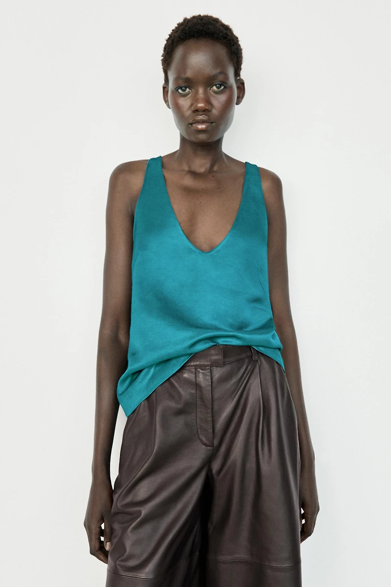 Satin linen blend V-neck top