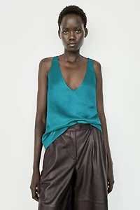Satin linen blend V-neck top