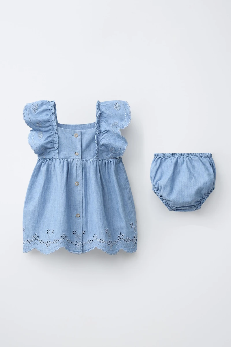 EMBROIDERED DENIM DRESS AND PANTIES