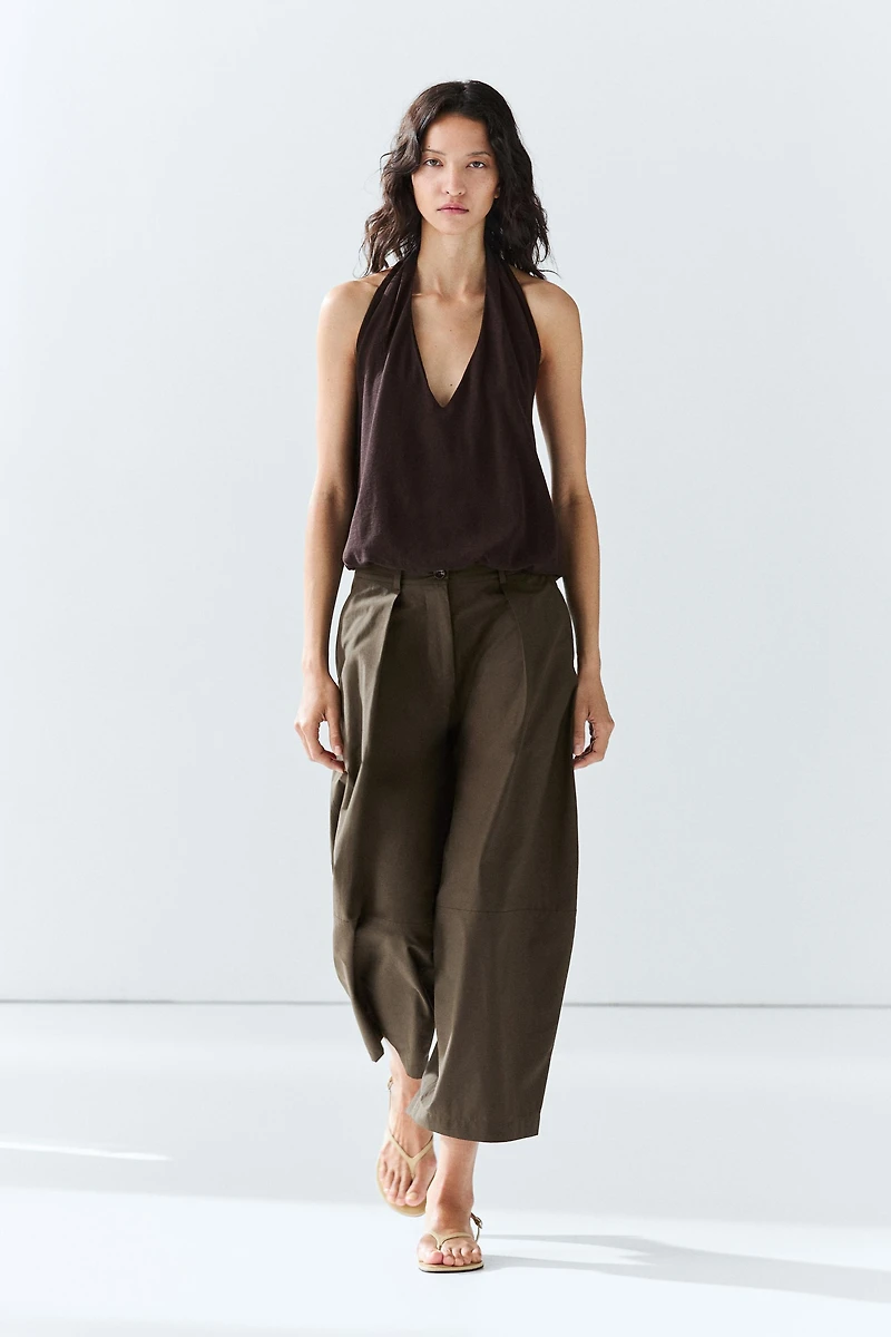 Cotton blend poplin wide-leg pants
