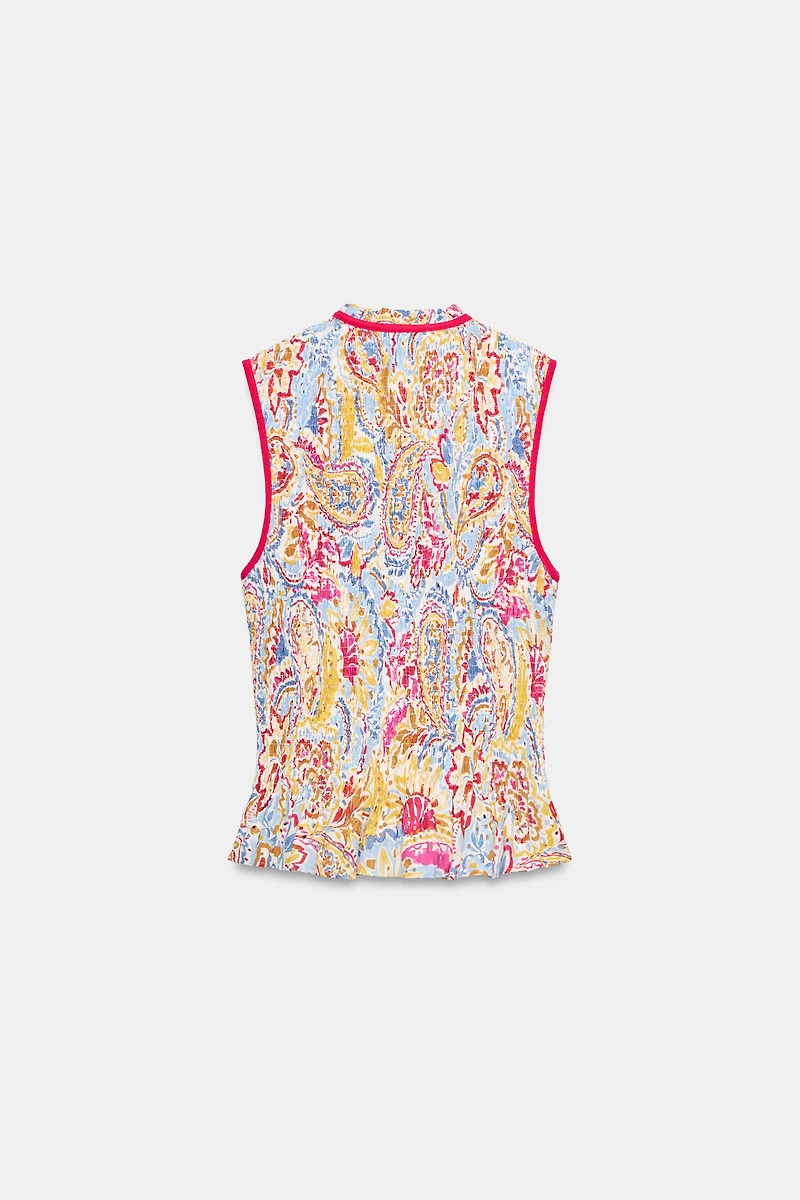 PRINTED EMBROIDERED EYELET TOP