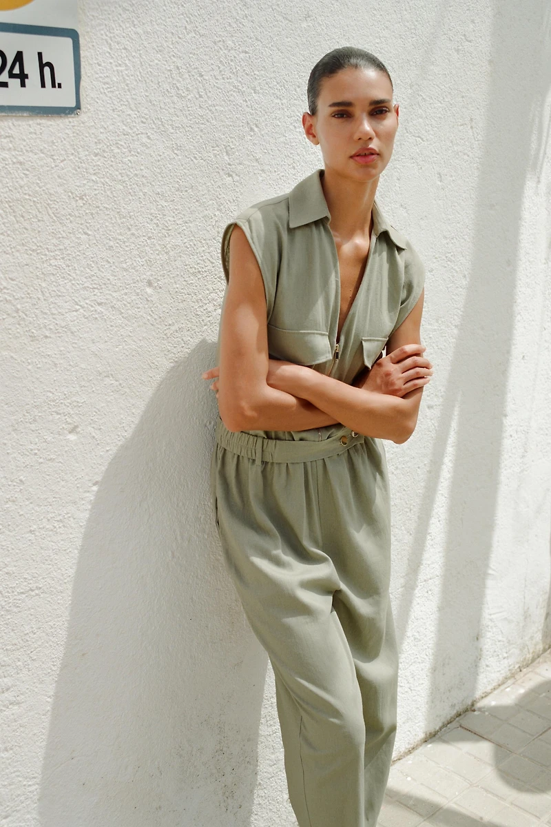 LINEN BELTED LONG JUMPSUIT