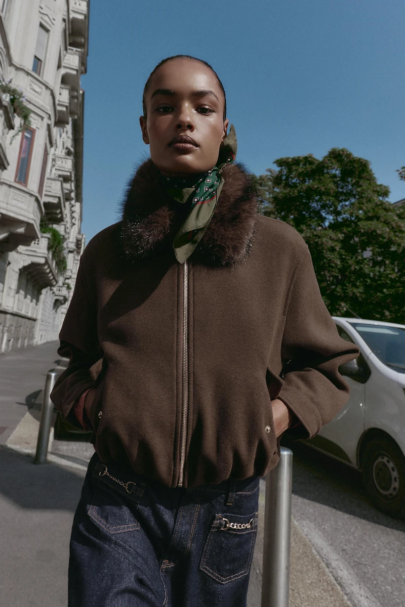 SOFT FAUX FUR COLLAR BOMBER JACKET