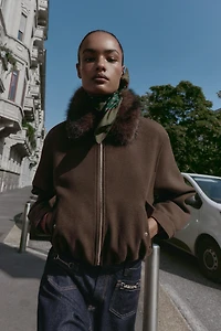 SOFT FAUX FUR COLLAR BOMBER JACKET