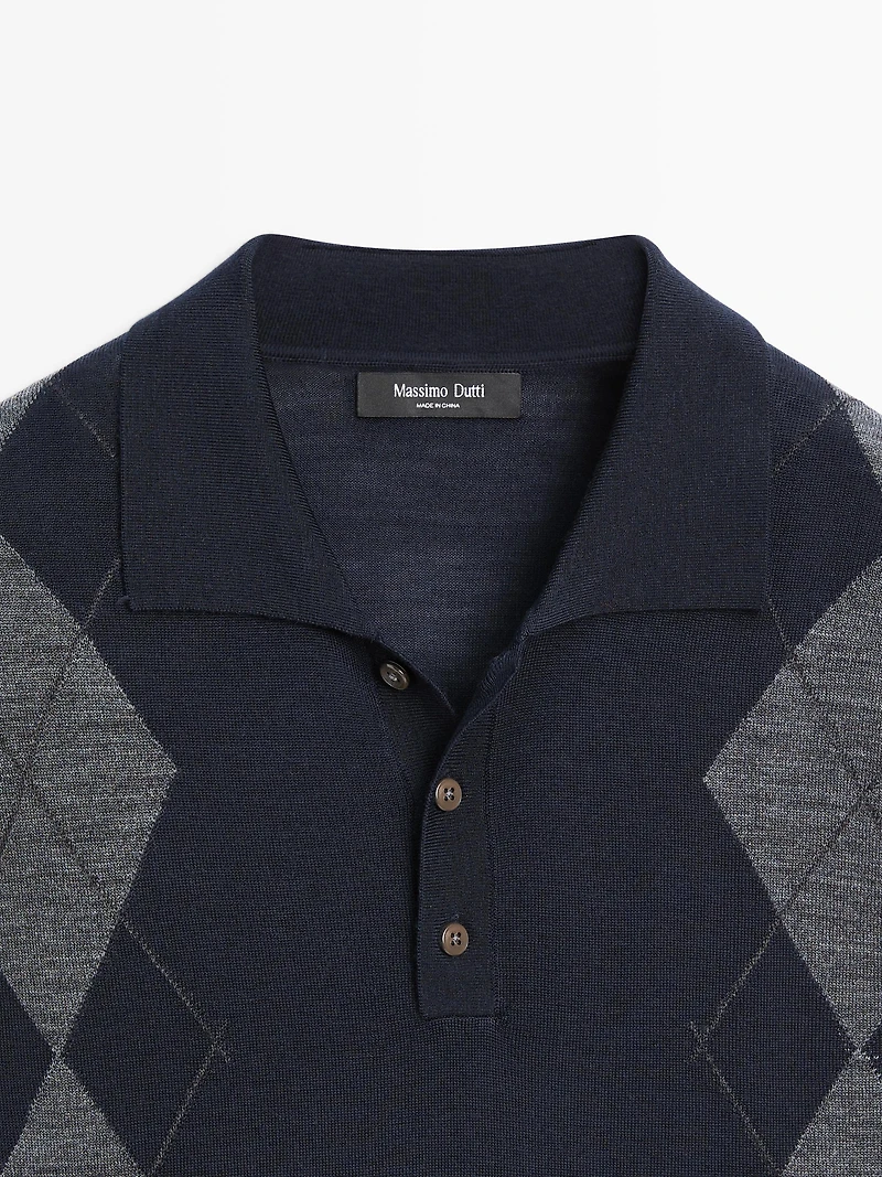 Pull polo losanges en laine mérinos mélangée