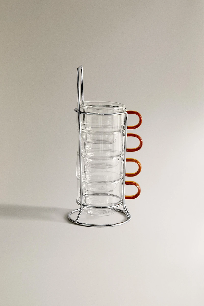 BOROSILICATE GLASS MUG TOWER WITH COLORED HANDLE (SET OF 4)
