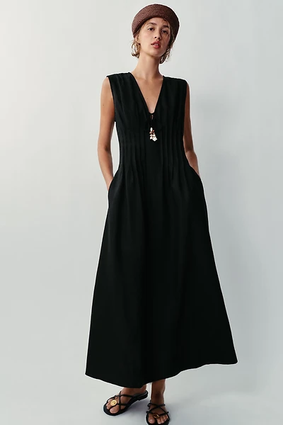 LINEN PINTUCK MIDI DRESS