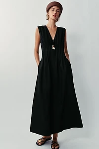 LINEN PINTUCK MIDI DRESS