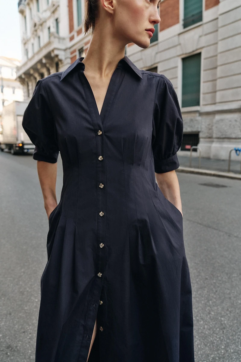 ROBE MI-LONGUE EN POPELINE À MANCHES BOUFFANTES