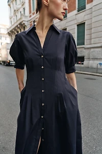 ROBE MI-LONGUE EN POPELINE À MANCHES BOUFFANTES