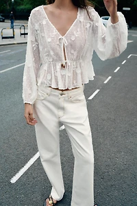EMBROIDERED DOTTED MESH BLOUSE