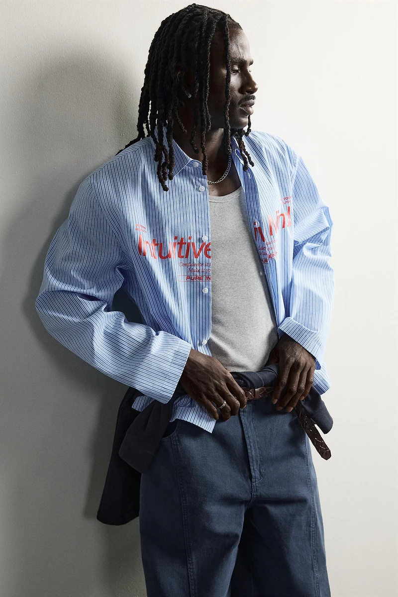 STRIPED TEXT PRINT RELAXED FIT SHIRT