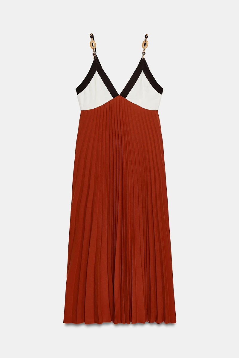 BEADED PLEATED MIDI DRESS